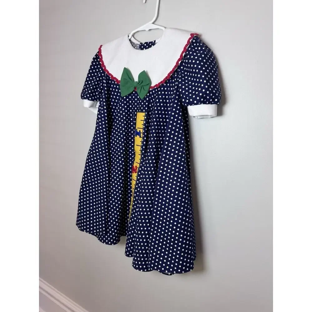 Peaches And Cream Vintage Back To School Dress Navy Polka Dot Sz 6 USA Made